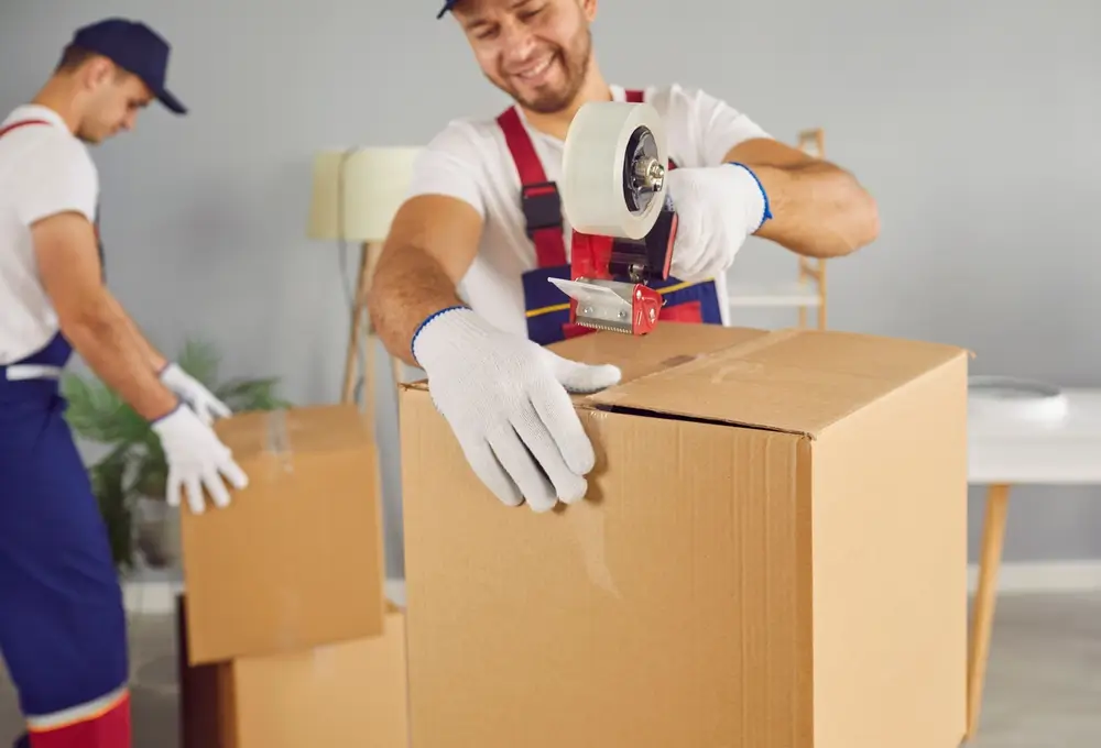 Commercial moving service workers pack stuff and prepare boxes to transport to new house or apartment.
