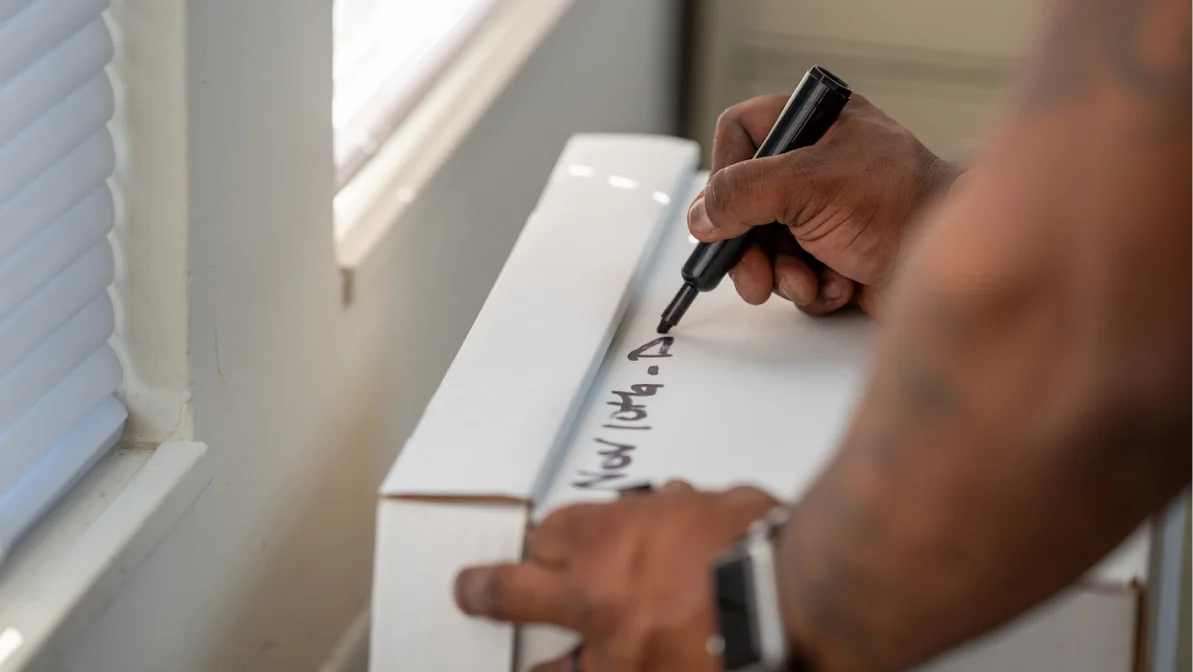 A man writing date on a box for Office Moving